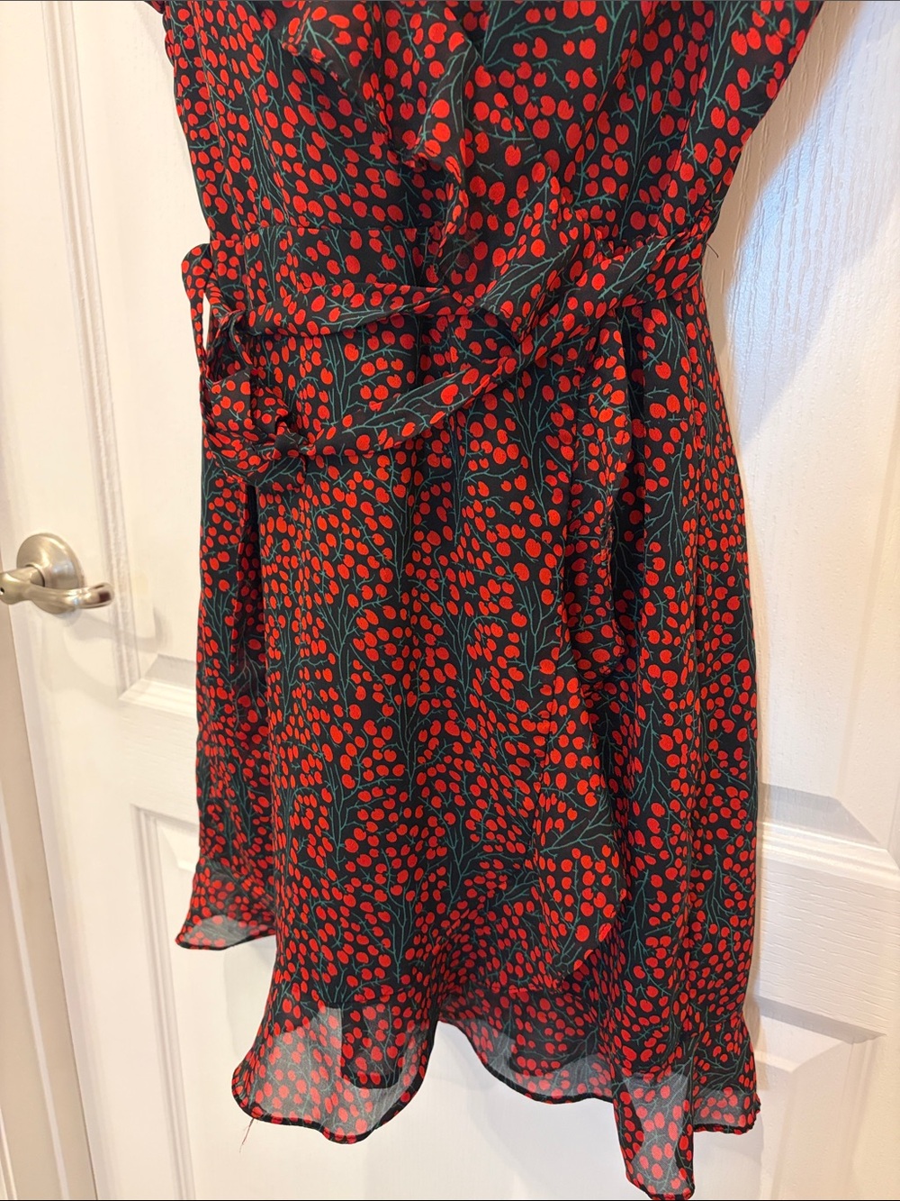 Bardot Black Red Cherry Print Faux Wrap Ruffle Mini Dress 6 - Picture 4 of 8